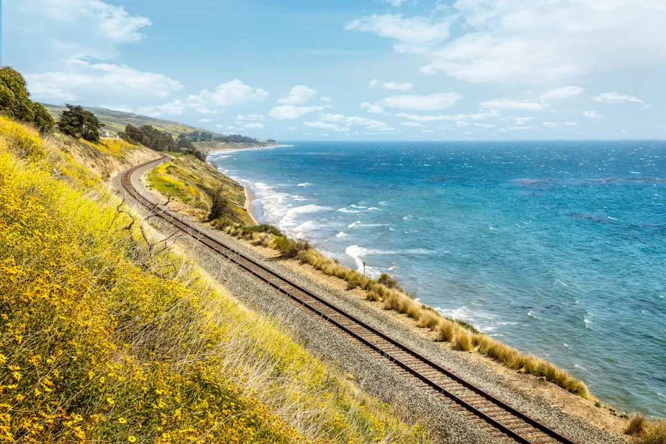 Train tracks along California coast with yellow wildflowers blooming on one side and blue Pacific Ocean on the other.